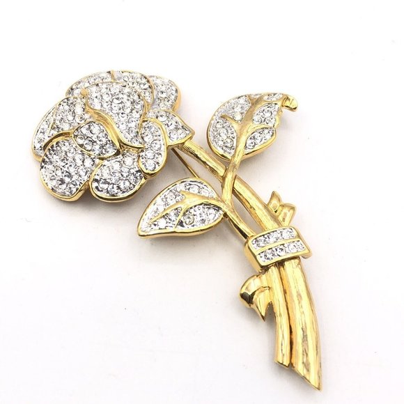 NOLAN MILLER Large Pave Rhinestone Rose Flower Gold Tone Pin Brooch 4" - Picture 3 of 10